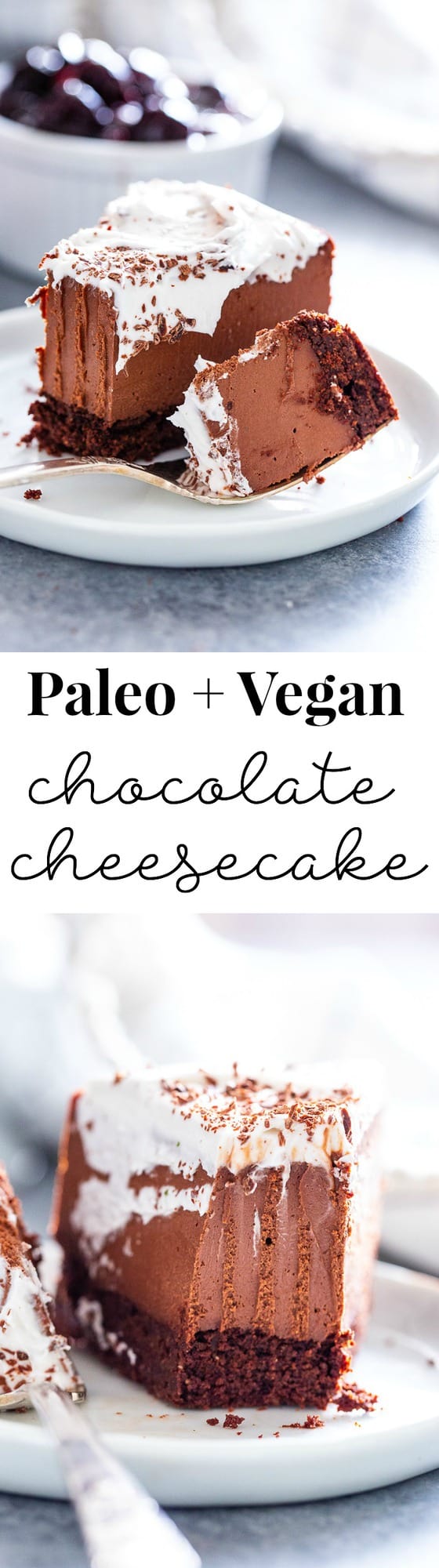 Get excited, because the creamiest, smoothest, richest vegan chocolate cheesecake is about to happen in your kitchen!  This cheesecake has a chocolate cookie crust with a cashew and coconut cream based chocolate filling that tastes like a traditional cheesecake.  It’s paleo, gluten-free, vegan, and refined sugar free.