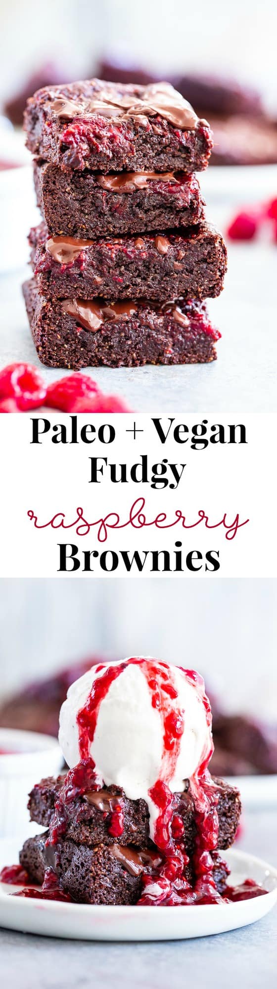 These insanely fudgy raspberry brownies are easy to whip up and just happen to be good for you!  Rich chocolate paleo and vegan brownie batter is baked with an easy raspberry sauce for the ultimate fruit and chocolate combo.  They’re gluten-free, dairy-free, and completely addicting!