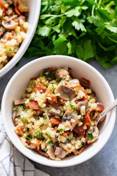 Cauliflower Risotto with Bacon and Mushrooms {Paleo, Whole30, Keto}