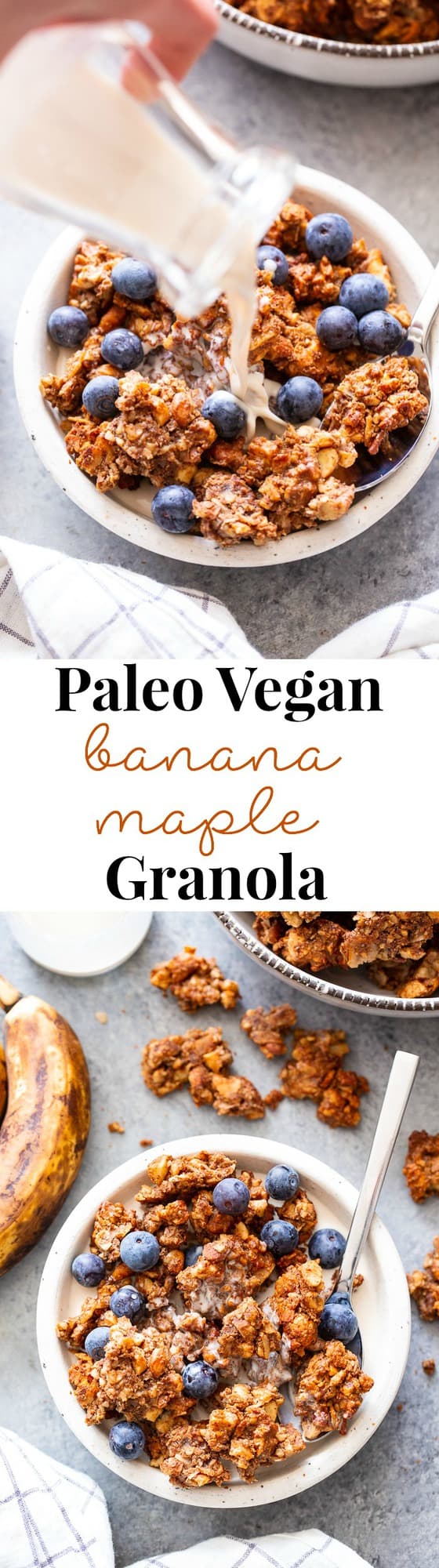 This banana maple nut paleo granola recipe is easy and totally addicting!  It's full of clusters, flavor, and crunch.   Great for topping dairy-free yogurt, as a cereal replacement with almond milk, or snacking on as-is.  It's grain-free, dairy-free, refined sugar free, and vegan.