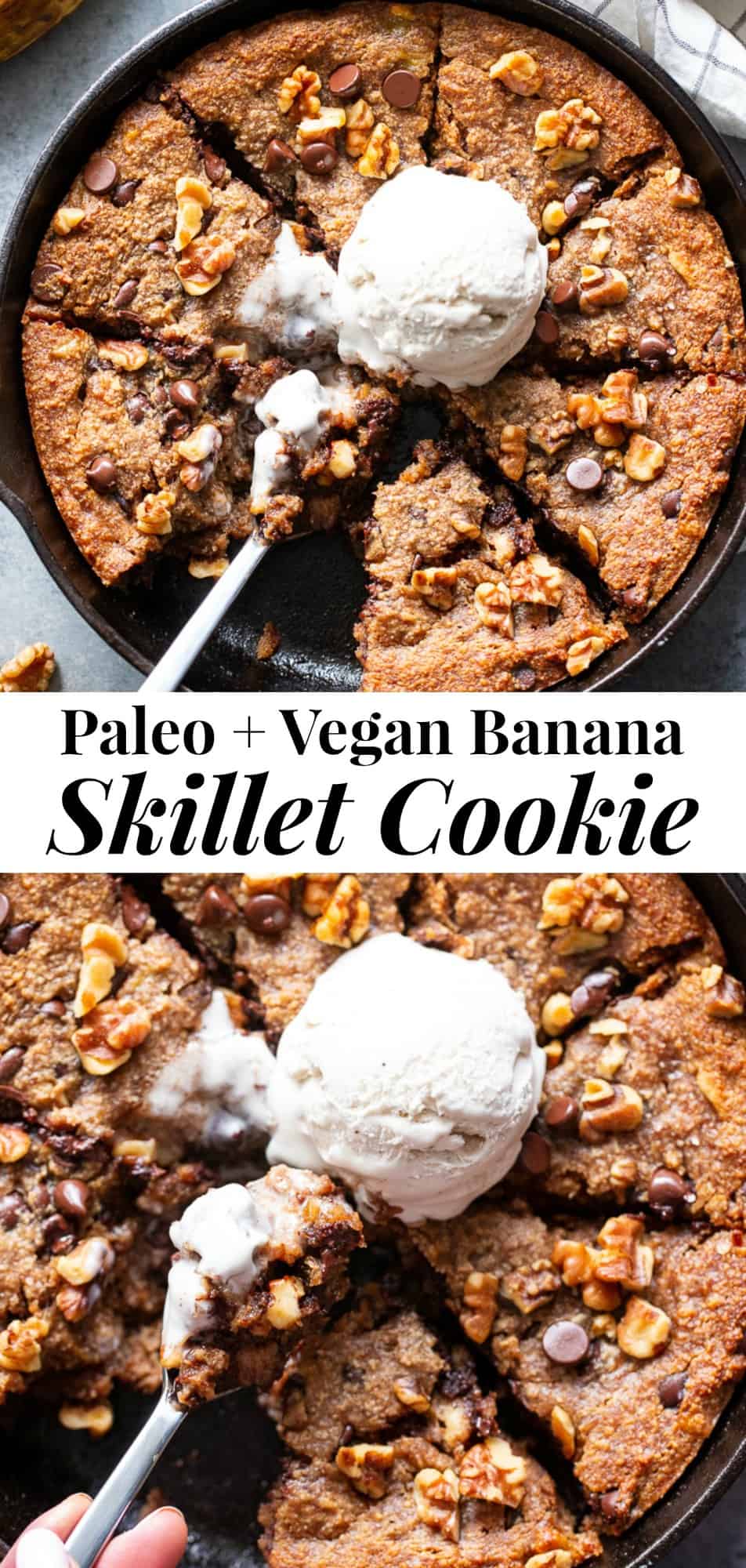 This gooey sweet banana chocolate chip skillet cookie is a dessert that’s heathy enough for breakfast!  It’s loaded with healthy fats, sweetened with bananas and unrefined maple sugar and packed with dark chocolate chips and walnuts.  Gluten-free, grain free, paleo, dairy free, and vegan too! #vegan #paleo #glutenfree