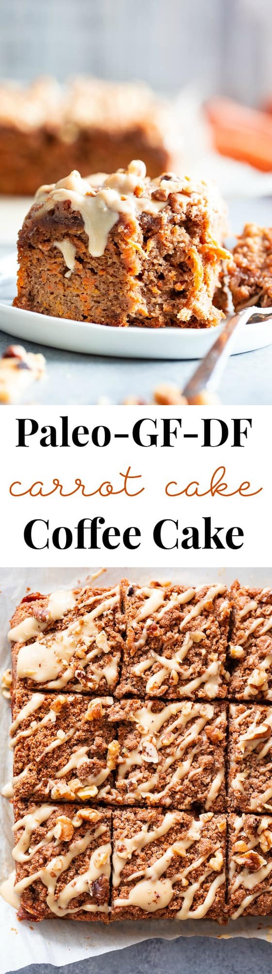 Sweet and moist, with lots of cinnamon crumb topping, this carrot cake coffee cake is sure to become a favorite!  It’s perfect for serving to guests or making ahead of time as a grab and go breakfast.  It's gluten-free, dairy-free, paleo, and family approved!