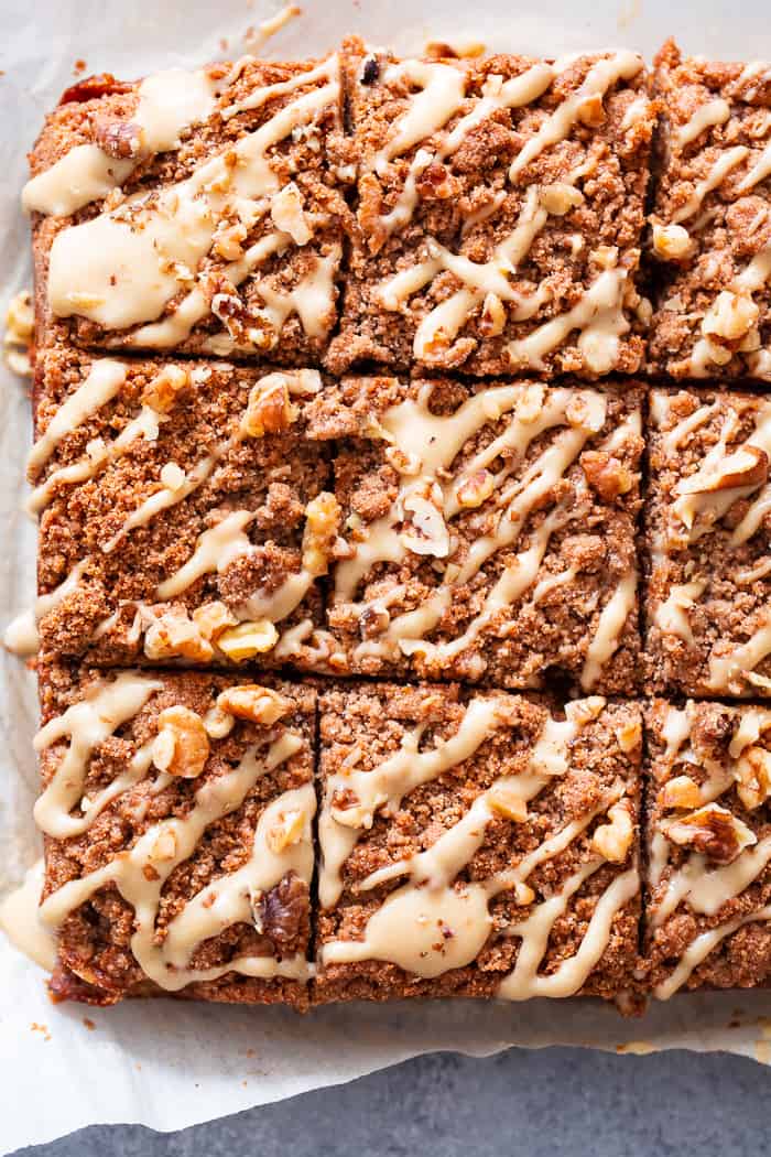 Sweet and moist, with lots of cinnamon crumb topping, this carrot cake coffee cake is sure to become a favorite!  It’s perfect for serving to guests or making ahead of time as a grab and go breakfast.  It's gluten-free, dairy-free, paleo, and family approved!