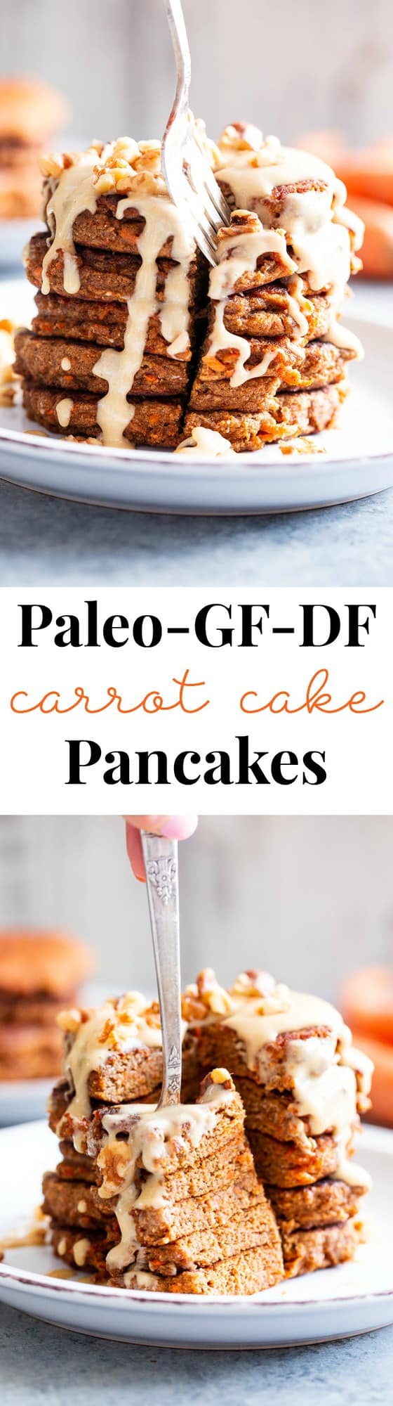 These fluffy, sweet spiced carrot cake pancakes have a dairy-free drizzle that tastes just like a cream cheese icing!  They're made with coconut flour and sweetened with coconut sugar for a healthier take on a Spring breakfast treat.  Gluten-free, dairy-free, refined sugar free, and paleo friendly.