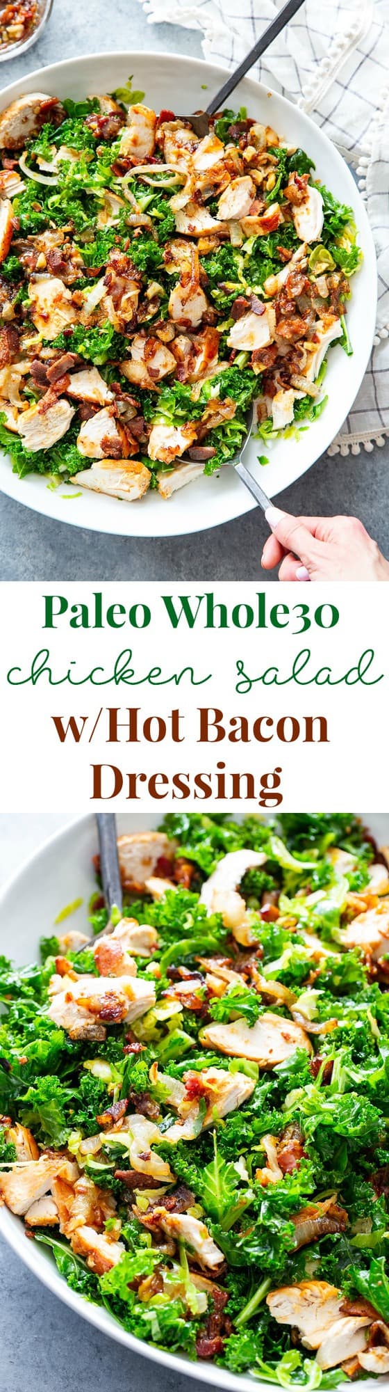 This kale salad is packed to the max with goodies!  Kale is tossed with shredded Brussels sprouts, lots of sweet caramelized onions, crispy bacon and grilled chicken plus a super tasty hot bacon dressing.  It’s dairy free and paleo with both Whole30 and keto options. 