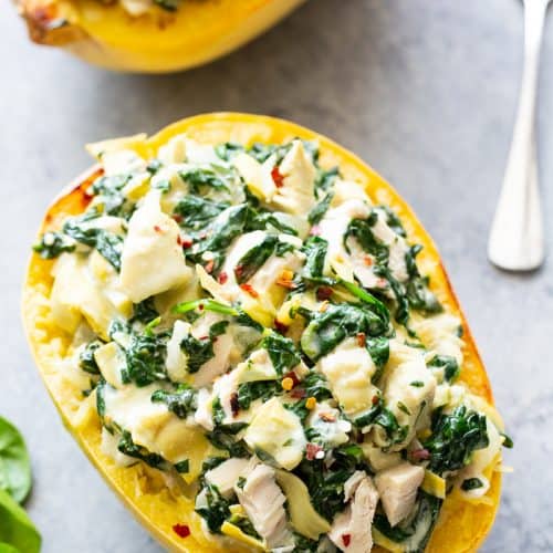 Chicken Spinach Artichoke Spaghetti Squash {Paleo, Whole30}