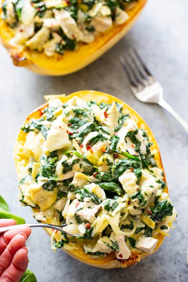 Chicken Spinach Artichoke Spaghetti Squash {Paleo, Whole30}