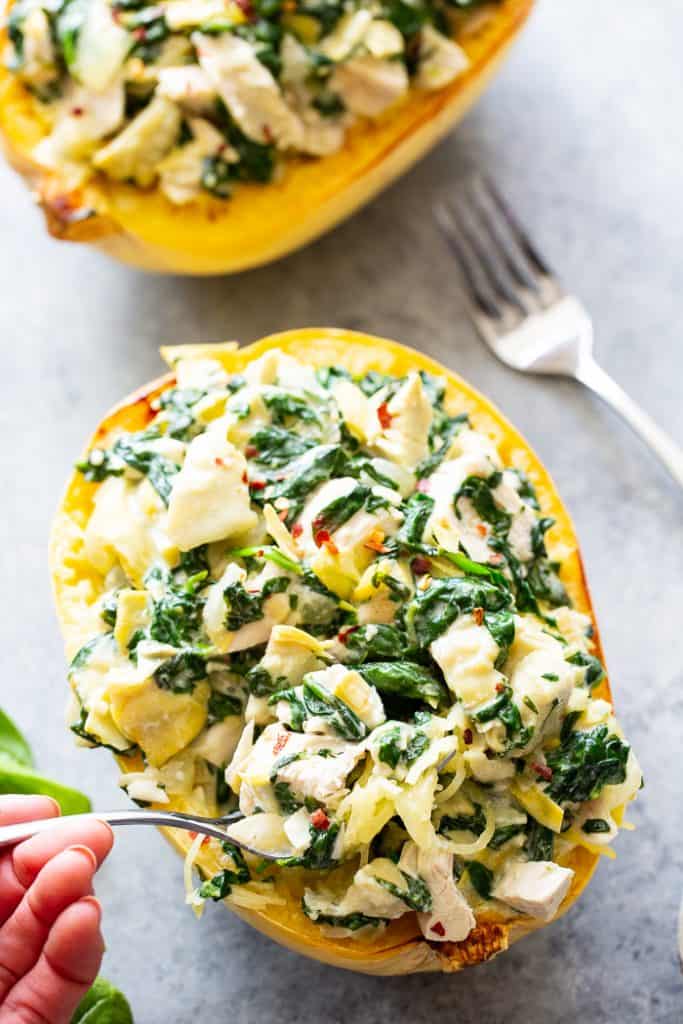 Chicken Spinach Artichoke Spaghetti Squash {Paleo, Whole30}