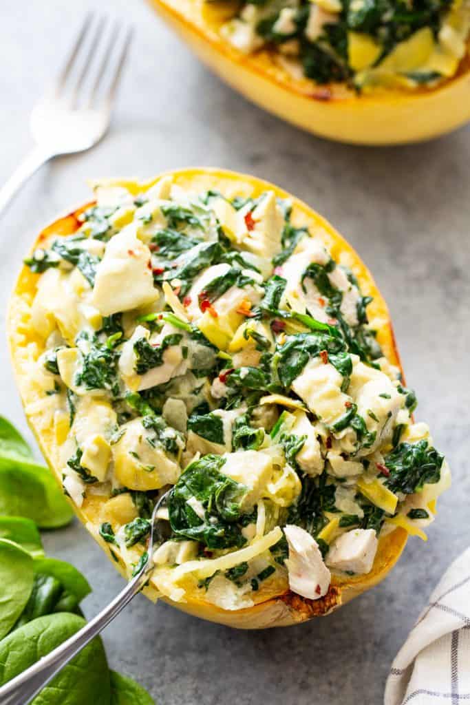 Chicken Spinach Artichoke Spaghetti Squash {Paleo, Whole30}