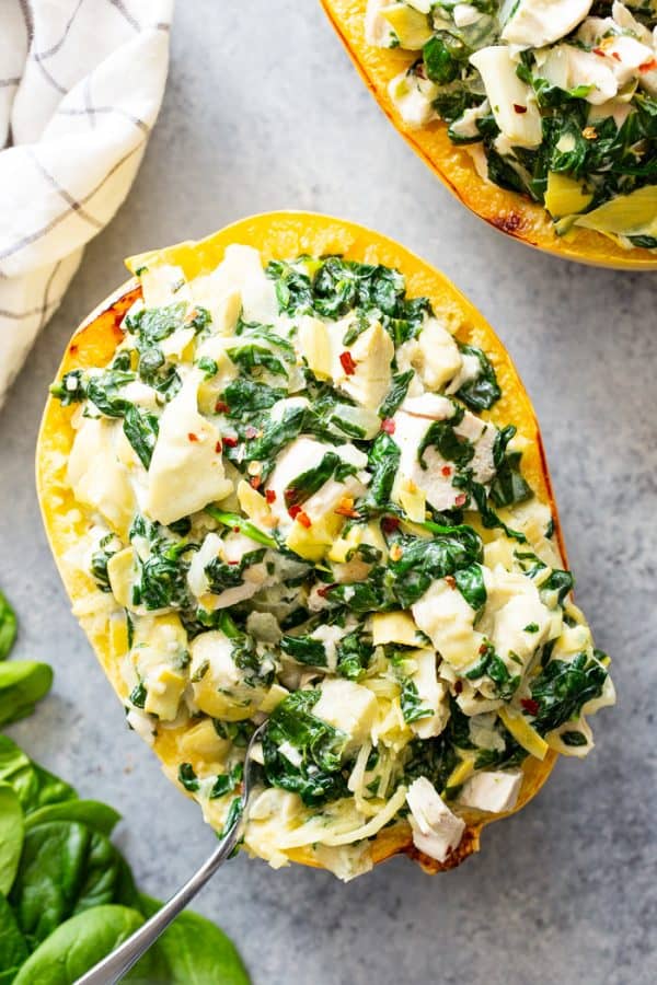 Chicken Spinach Artichoke Spaghetti Squash {Paleo, Whole30}