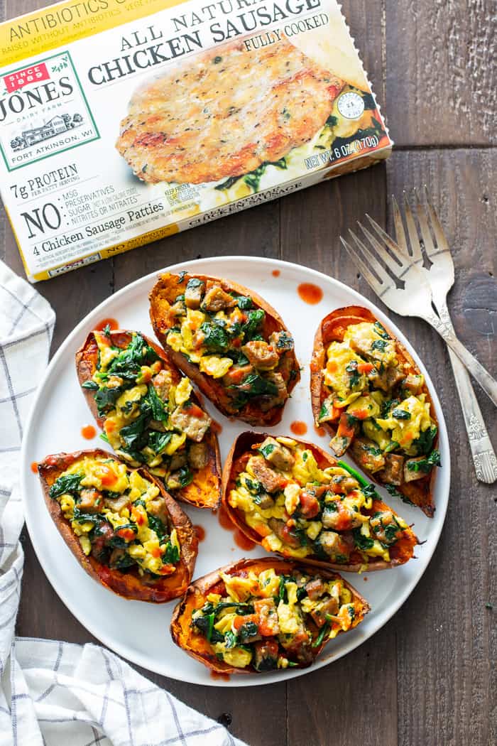 These savory breakfast sweet potato skins are perfect for brunches or breakfast for dinner nights! Crispy skins are loaded with flavor-packed, no sugar added chicken sausage from @JonesDairyFarm, spinach, and eggs and drizzled with hot sauce for extra kick. They’re paleo, dairy-free, and Whole30 compliant. #AD #JonesDairyFarm