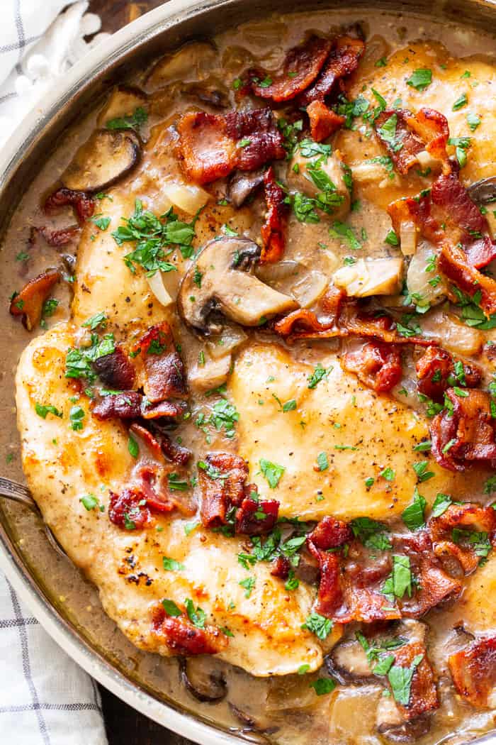 This one-skillet paleo chicken marsala is loaded with flavor!  Juicy chicken, a creamy mushroom sauce and crispy, savory bacon make this a recipe you’ll want in your dinner rotation!  It’s dairy-free, gluten-free, Paleo, and Whole30 compliant.