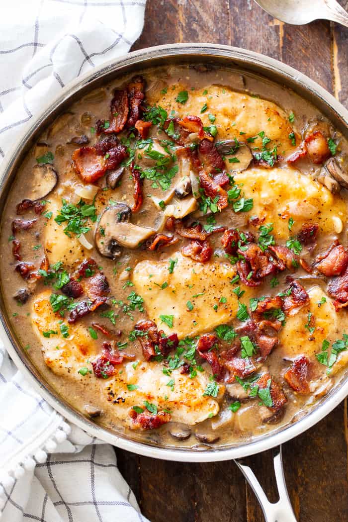 This one-skillet paleo chicken marsala is loaded with flavor!  Juicy chicken, a creamy mushroom sauce and crispy, savory bacon make this a recipe you’ll want in your dinner rotation!  It’s dairy-free, gluten-free, Paleo, and Whole30 compliant.