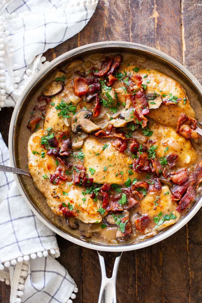 This one-skillet paleo chicken marsala is loaded with flavor!  Juicy chicken, a creamy mushroom sauce and crispy, savory bacon make this a recipe you’ll want in your dinner rotation!  It’s dairy-free, gluten-free, Paleo, and Whole30 compliant.