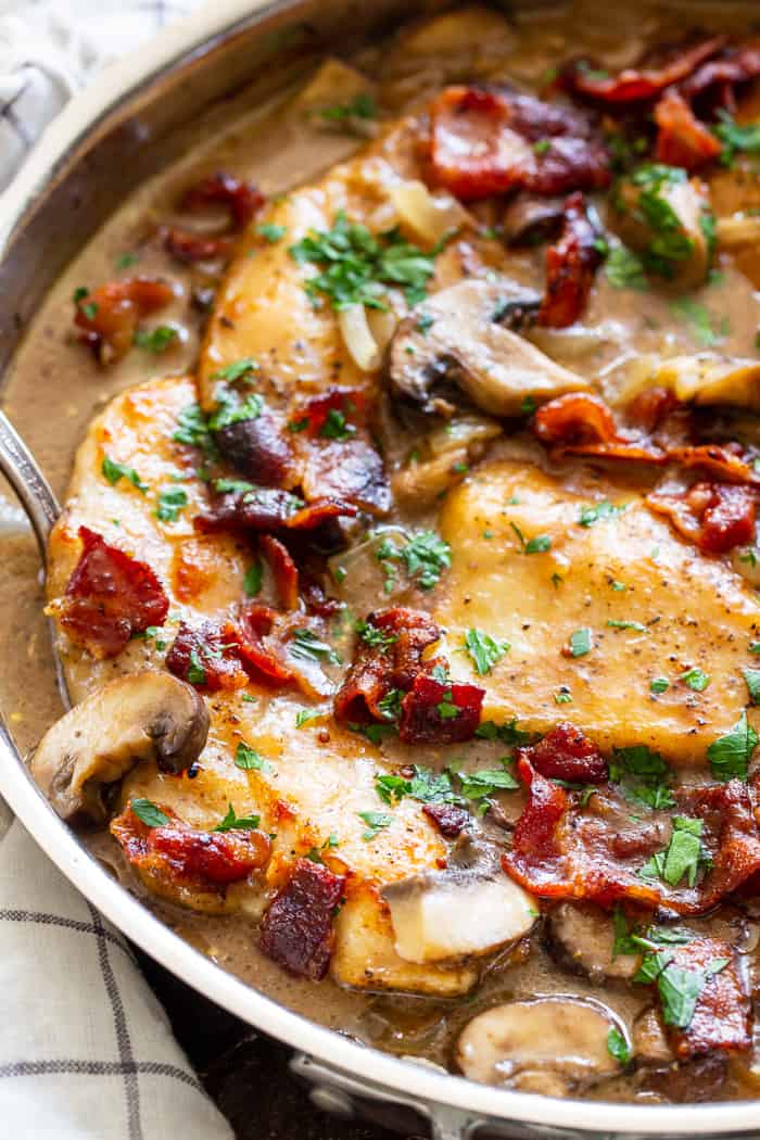 This one-skillet paleo chicken marsala is loaded with flavor!  Juicy chicken, a creamy mushroom sauce and crispy, savory bacon make this a recipe you’ll want in your dinner rotation!  It’s dairy-free, gluten-free, Paleo, and Whole30 compliant.