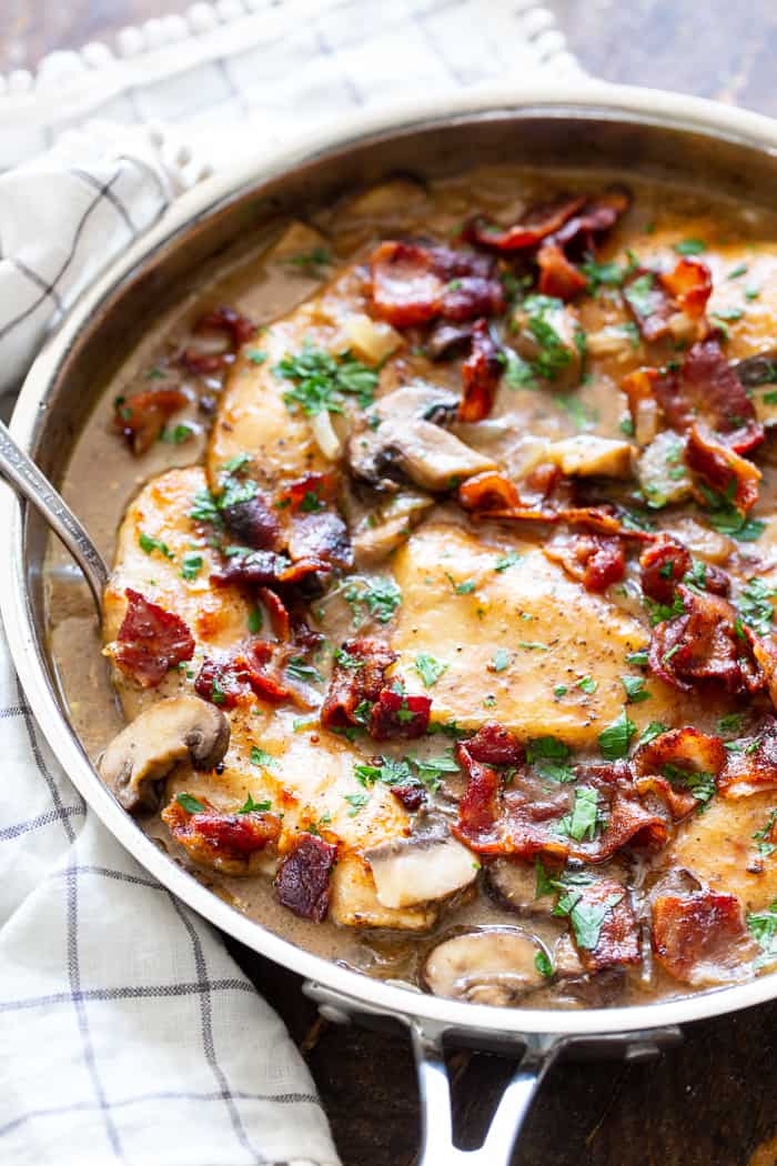 This one-skillet paleo chicken marsala is loaded with flavor!  Juicy chicken, a creamy mushroom sauce and crispy, savory bacon make this a recipe you’ll want in your dinner rotation!  It’s dairy-free, gluten-free, Paleo, and Whole30 compliant.