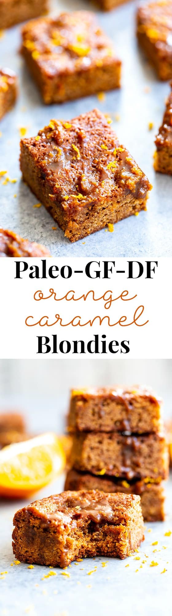 These gooey orange caramel blondies are the perfect blend of sweet caramel and citrus!  Chewy orange blondies are swirled with orange infused dairy-free caramel for a fun twist on a favorite dessert. They're gluten-free, paleo, dairy-free, and refined sugar free.