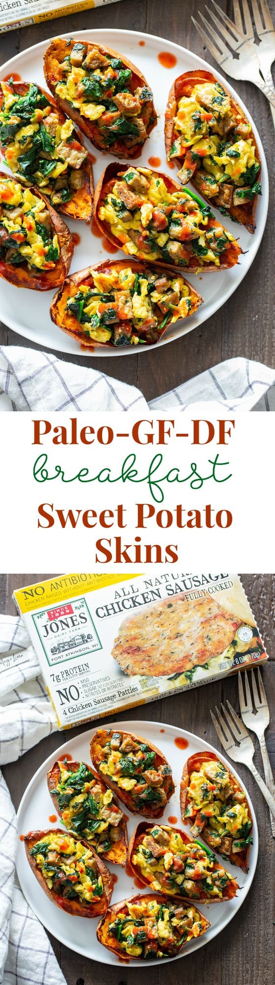 These savory breakfast sweet potato skins are perfect for brunches or breakfast for dinner nights! Crispy skins are loaded with flavor-packed, no sugar added chicken sausage from @JonesDairyFarm, spinach, and eggs and drizzled with hot sauce for extra kick. They’re paleo, dairy-free, and Whole30 compliant. #AD #JonesDairyFarm