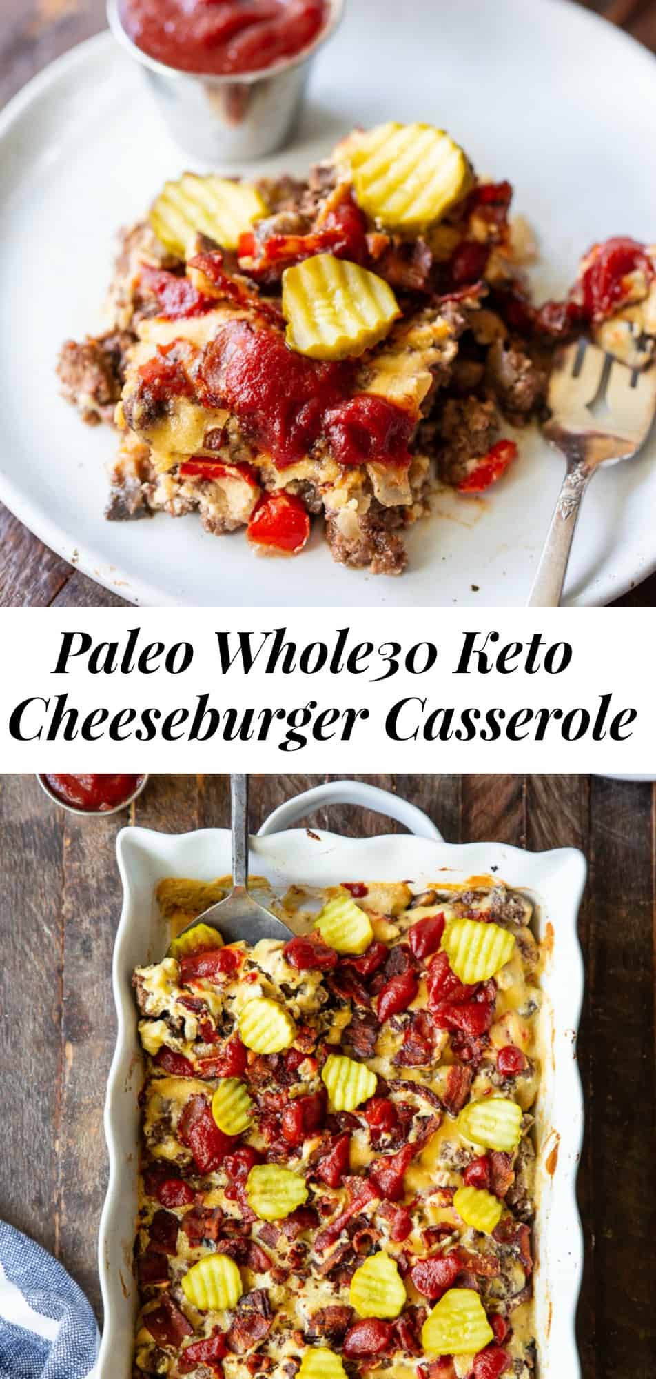 This bacon cheeseburger casserole tastes so much like the real deal that no one would guess there’s actually no cheese in it at all!  A creamy, dairy-free cheese sauce is layered with savory ground beef, veggies, and topped with crispy bacon for the ultimate comfort food casserole! #paleo #whole30 #keto #cleaneating