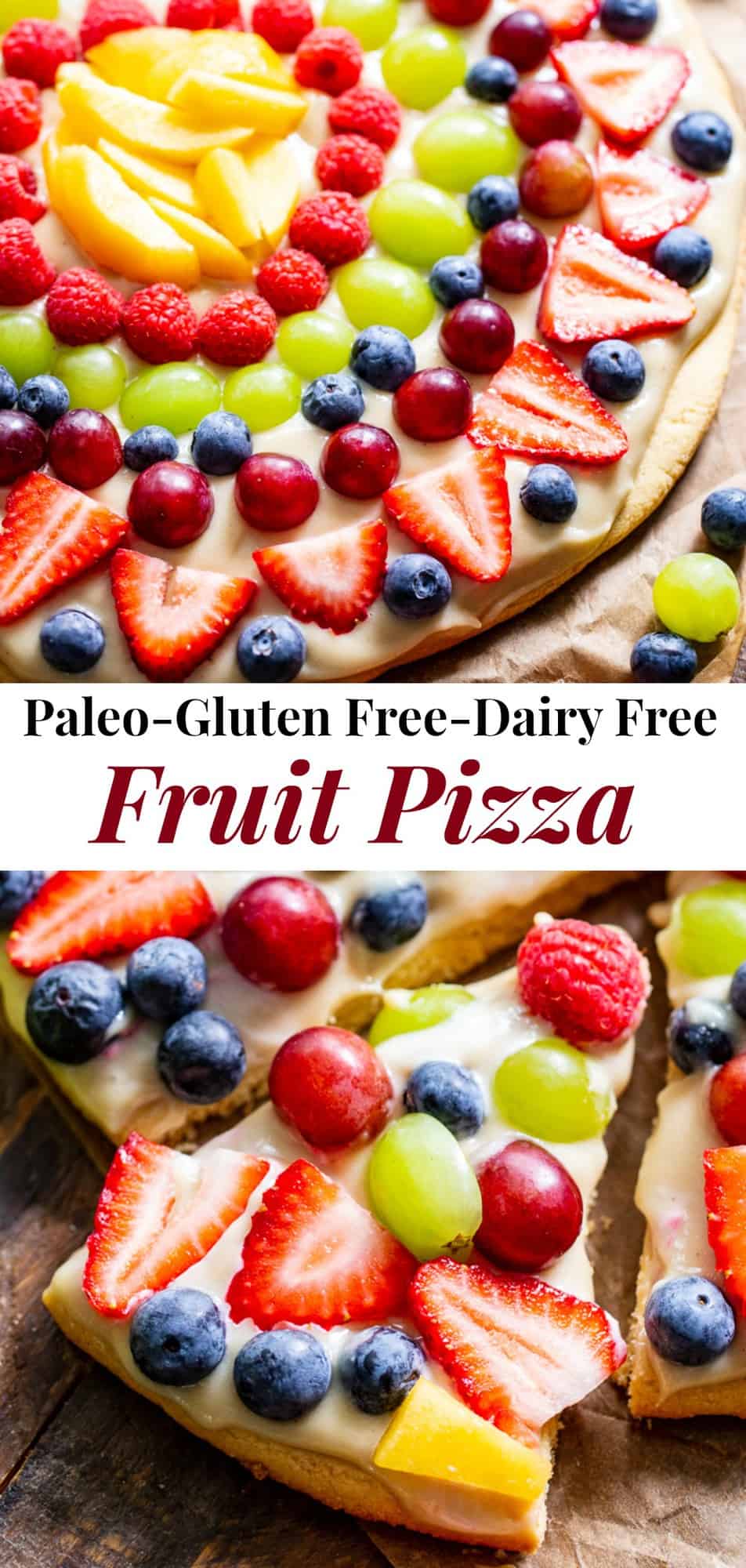 This paleo fruit pizza has a sugar cookie crust with a cashew “cream cheese” icing and all your favorite seasonal fruit on top!  It’s gluten-free, grain free, paleo, and the perfect dessert for summer gatherings. #paleo #cleaneating #glutenfree #healthydessert #fruitpizza