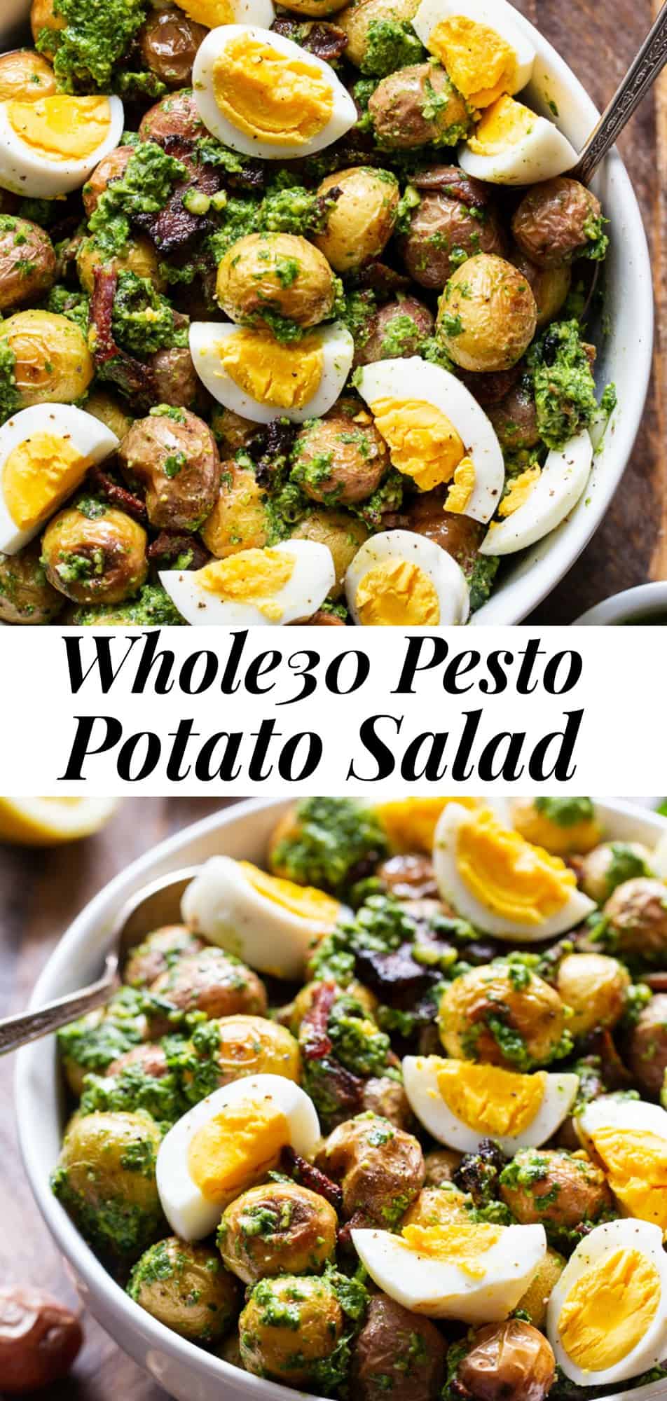 This healthy pesto potato salad is a super tasty twist on your traditional BBQ side dish.  Baby potatoes are roasted to bring out all the flavor and tossed with a dairy-free, Whole30 compliant pesto plus crispy cooked bacon and chopped eggs.  It's perfect served at room temperature or slightly warm. #paleo #whole30 #cleaneating #potatosalad #pesto