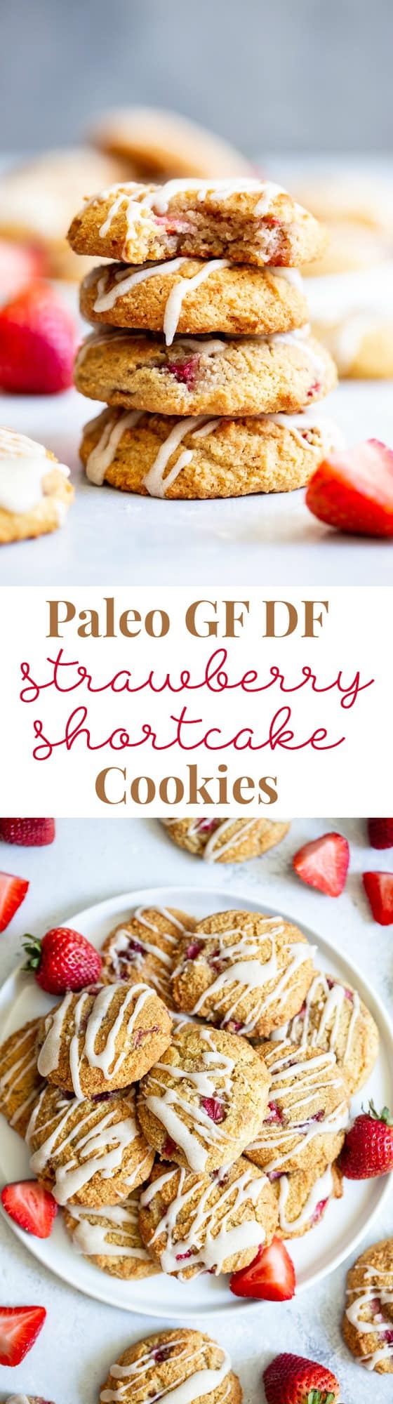 These strawberry shortcake cookies are super soft and cake-like with buttery flavor, loads of sweet juicy strawberries and maple glaze.  They’re paleo, grain free, gluten-free, kid approved, and irresistibly delicious!