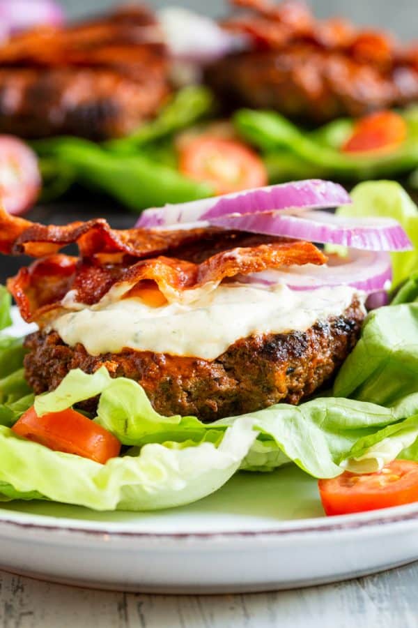 Spicy Buffalo Bacon Burgers with Cool Ranch {Paleo, Whole30, Keto}