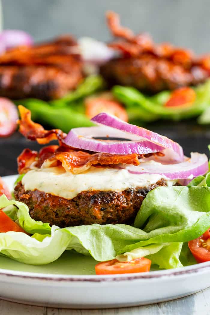 Spicy Buffalo Bacon Burgers with Cool Ranch {Paleo, Whole30, Keto} -