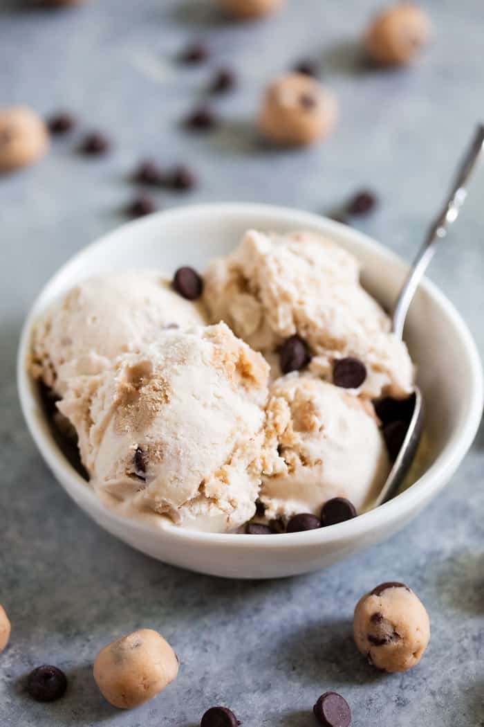 This classic chocolate chip cookie dough ice cream is easy to make and much healthier than store bought!  A homemade coconut vanilla ice cream is packed with edible cookie dough chunks.  It’s dairy-free, refined sugar free, paleo, and vegan.