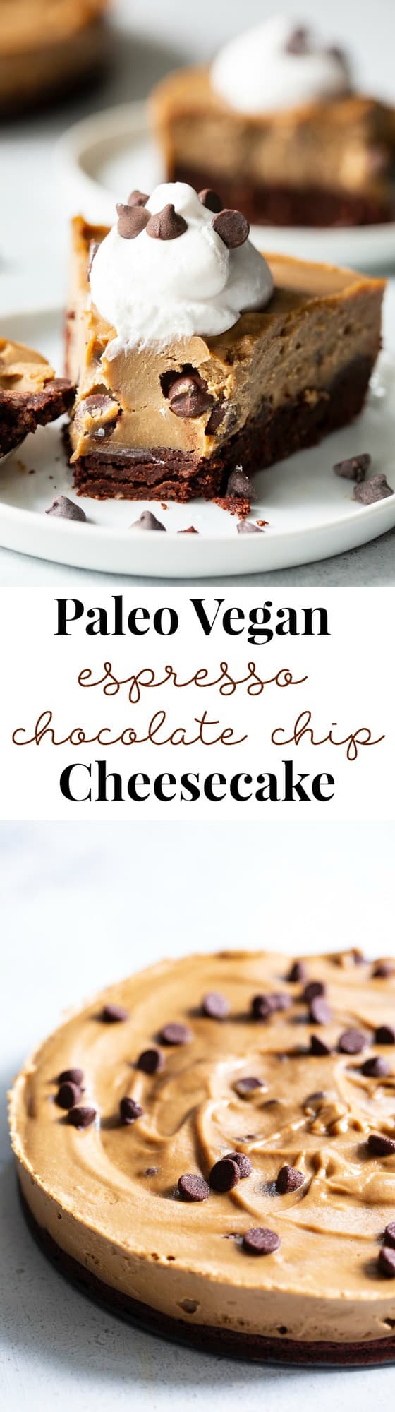 This creamy paleo and vegan cheesecake has a chocolate cookie crust topped with a rich cashew based espresso chocolate chip cheesecake layer.  It’s rich and decadent yes healthy dessert made with good for you, real food ingredients.  Dairy-free, gluten-free, refined sugar free.