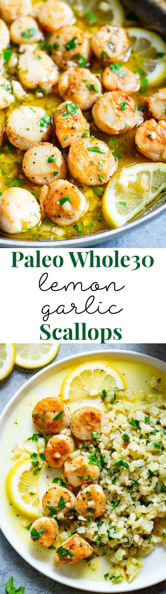 Pan seared scallops are taken to the next level with a lemon garlic “butter” sauce that’s made with ghee instead of butter.  Served with a simple herbed cauliflower rice, this quick and easy dinner is full of flavor, low carb, keto Paleo, and Whole30 compliant.