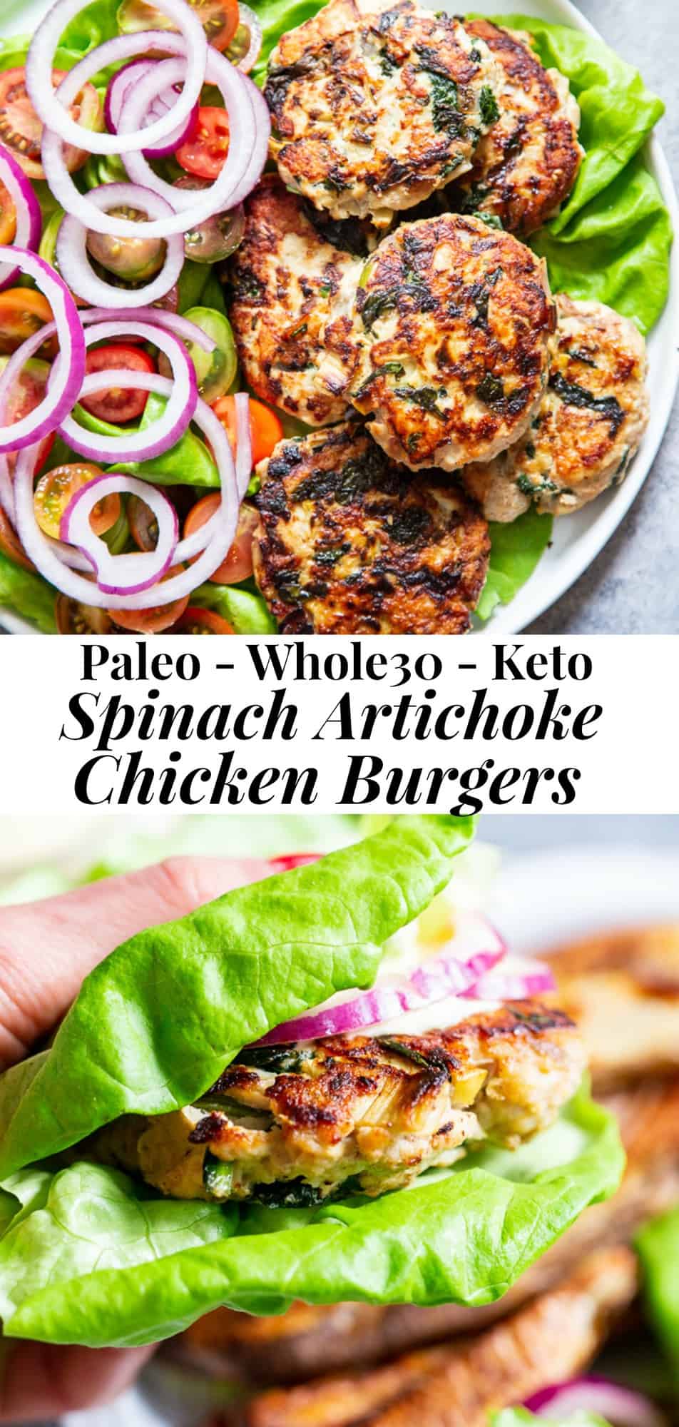 These chicken burgers are packed with veggies and tons of flavor!  A savory spinach artichoke mixture is added to the burgers before they’re grilled and topped with more goodies!  Whole30, paleo, and keto friendly.  A healthy way to break out of your burger rut and perfect to make ahead and freeze for meal prep #keto #paleo #whole30