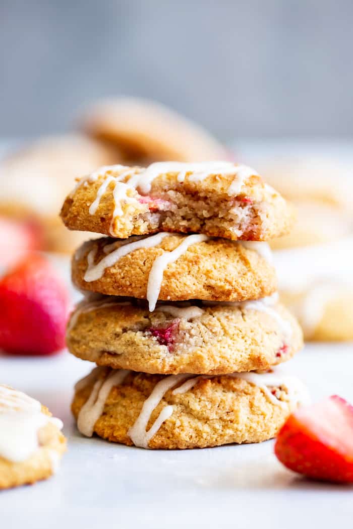 These strawberry shortcake cookies are super soft and cake-like with buttery flavor, loads of sweet juicy strawberries and maple glaze.  They’re paleo, grain free, gluten-free, kid approved, and irresistibly delicious!