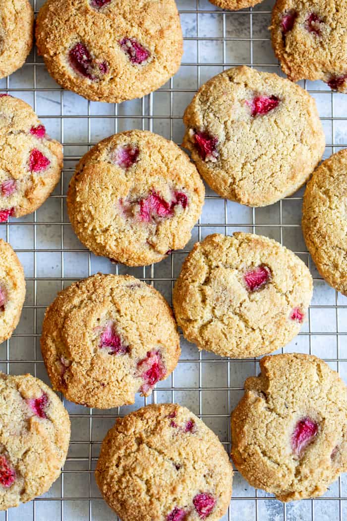 These strawberry shortcake cookies are super soft and cake-like with buttery flavor, loads of sweet juicy strawberries and maple glaze.  They’re paleo, grain free, gluten-free, kid approved, and irresistibly delicious!