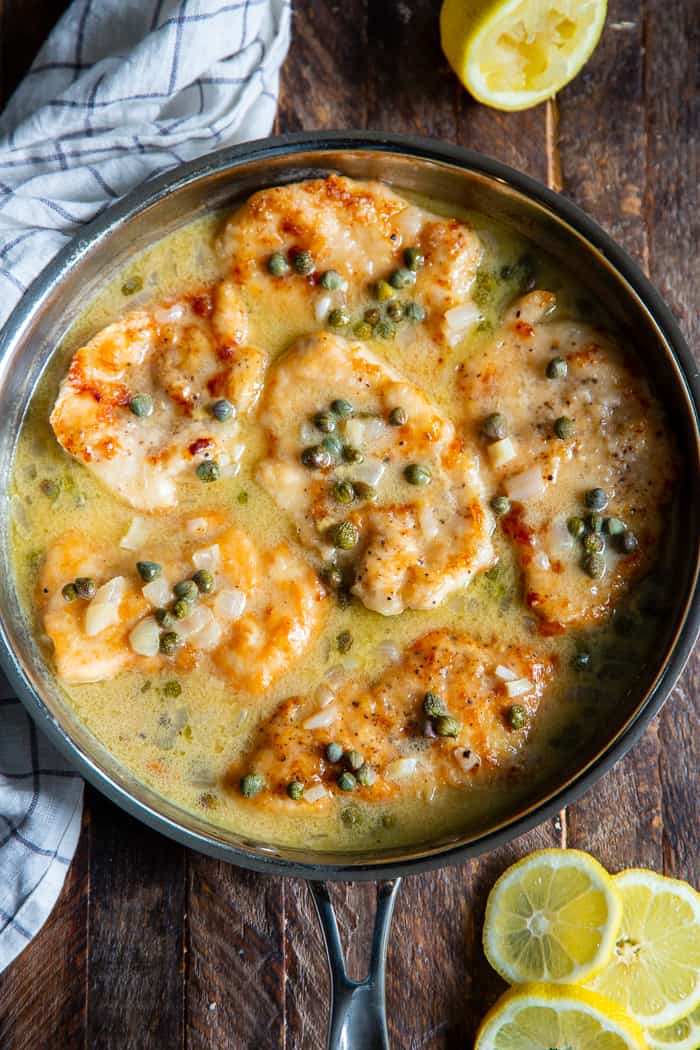 This savory lemon chicken piccata is made all in one skillet and couldn’t be easier!  Perfect for weeknights and the leftovers save well for lunch the next day.  It’s gluten free, paleo, low carb and keto.