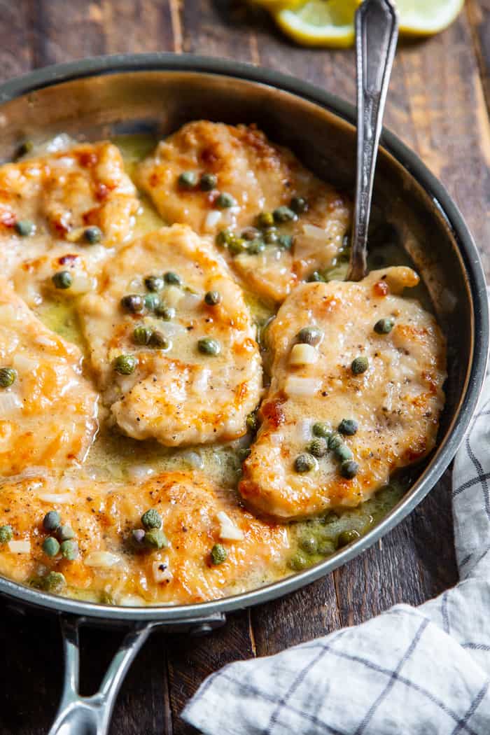 This savory lemon chicken piccata is made all in one skillet and couldn’t be easier!  Perfect for weeknights and the leftovers save well for lunch the next day.  It’s gluten free, paleo, low carb and keto.