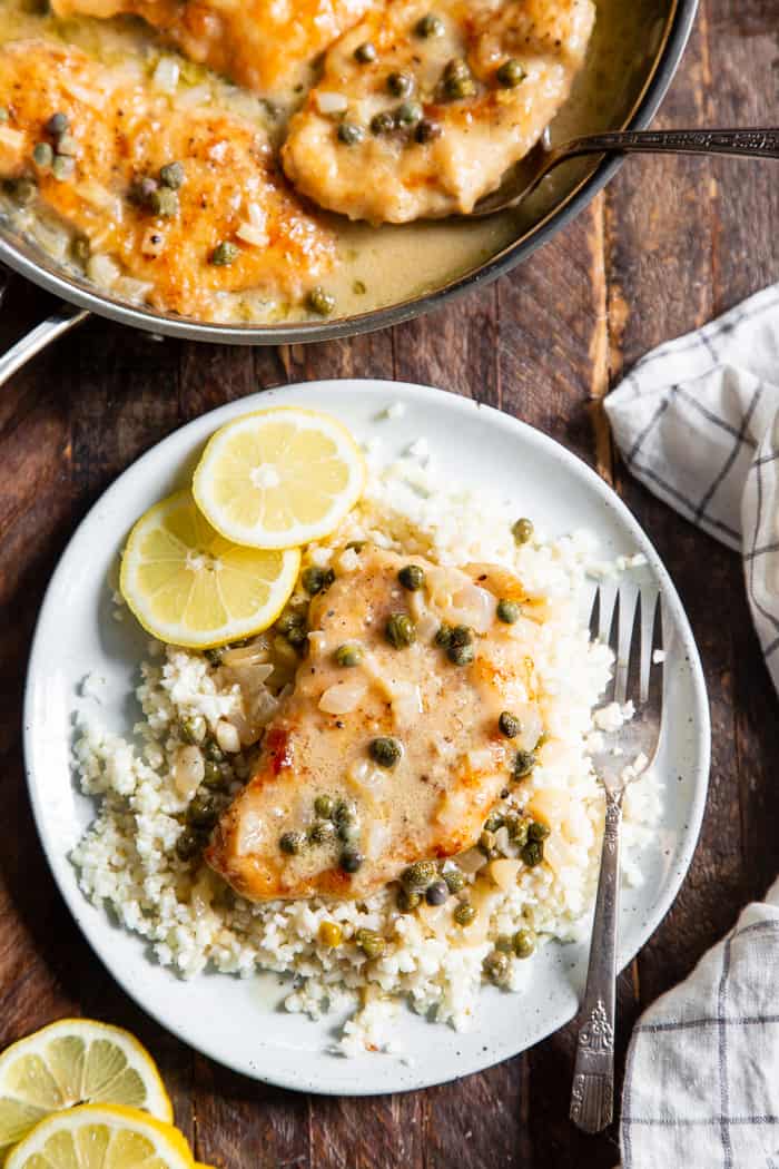 This savory lemon chicken piccata is made all in one skillet and couldn’t be easier!  Perfect for weeknights and the leftovers save well for lunch the next day.  It’s gluten free, paleo, low carb and keto.