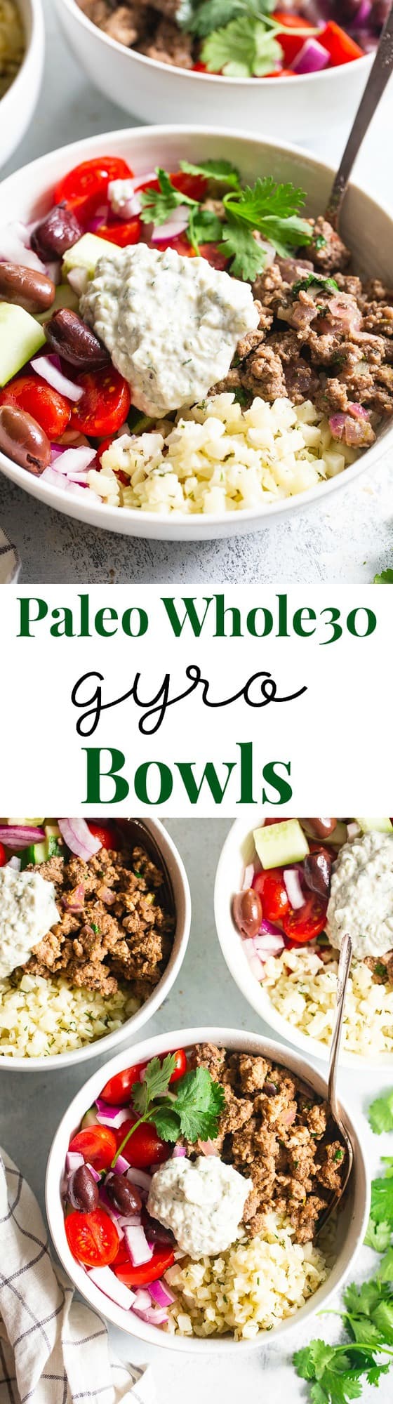 These super tasty low carb, Paleo, and Whole30 gyro bowls are perfect for a weeknight meal and are easy to meal prep too. You won’t miss the dairy or grains at all with these flavor and veggie packed healthy gyro bowls! 