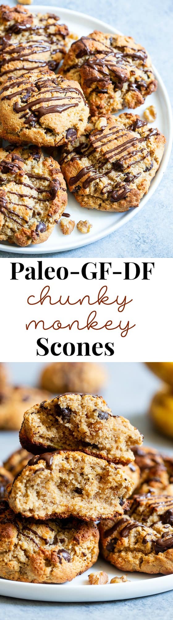 These easy chunky monkey scones are so ridiculously delicious that you won’t believe they’re grain free, dairy free and paleo!  The winning combination of bananas, nut butter, chopped nuts and chocolate is somehow even better in scone form!  Great for brunches, snacks and even dessert, the soft inside and crisp outside will quickly get you addicted!