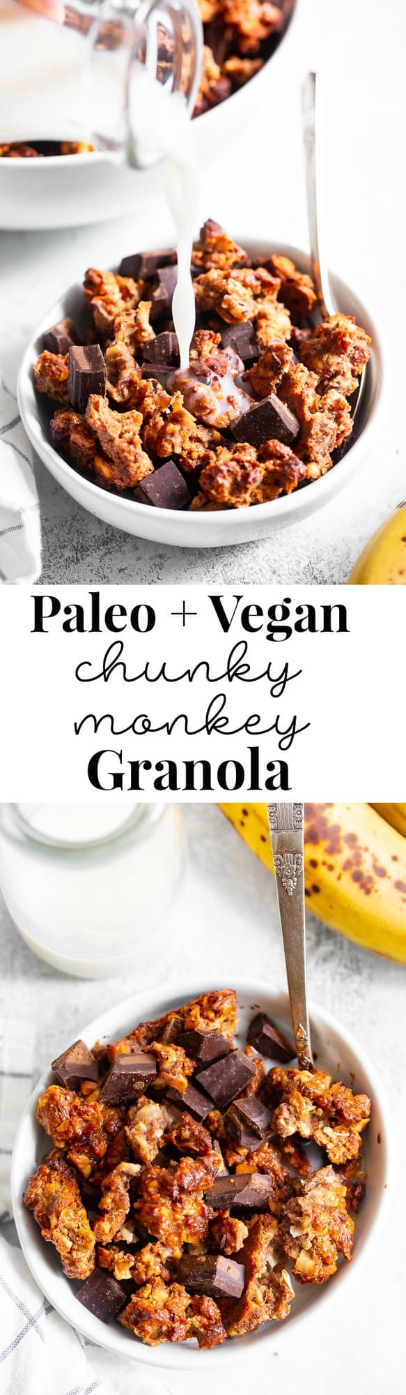 Like all things “chunky monkey” this paleo and vegan chunky monkey granola is about to become a favorite!  It’s sweet, nutty, with lots of big clusters and chocolate chunks.  Sweetened with bananas and pure maple syrup and totally grain free and dairy free.