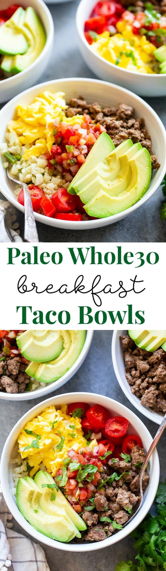 These loaded breakfast taco bowls are a fun breakfast idea and great for dinner too!  They’re easy to prep ahead of time, just make sure you leave out the avocado until you’re ready to serve.  Gluten-free, Paleo, Whole30 compliant, and keto diet friendly. 