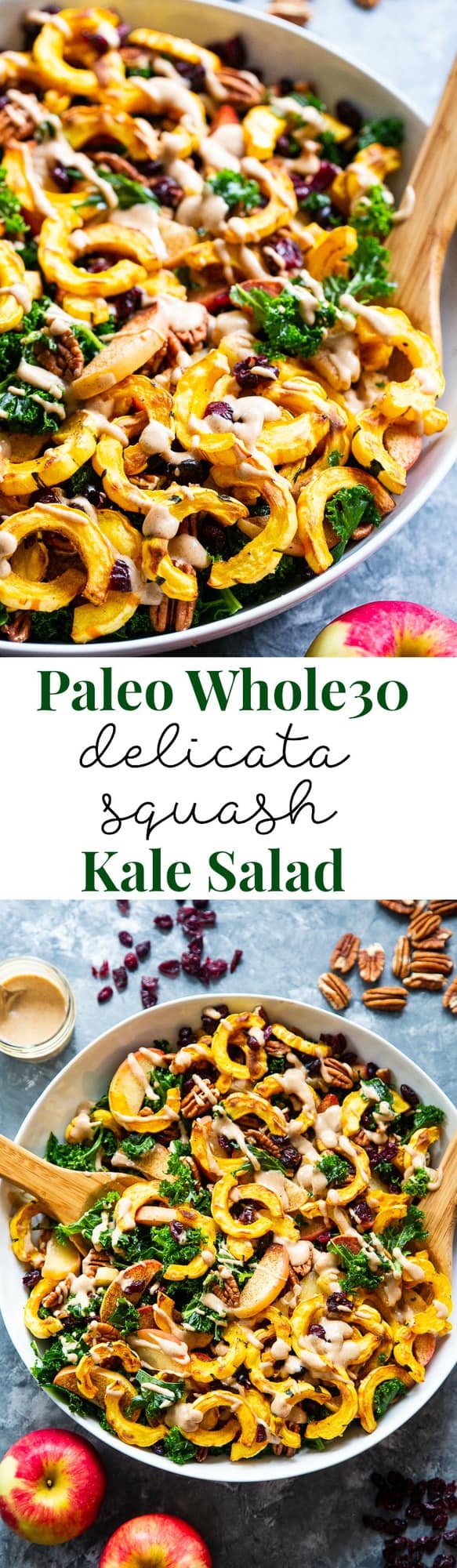 This harvest kale salad is packed to the max with goodies!  Perfectly roasted delicata squash, apples, pecans, and cranberries all tossed in a cider vinaigrette that’s naturally sweetened with dates.  Whole30, Paleo, vegan, and no refined sugar.