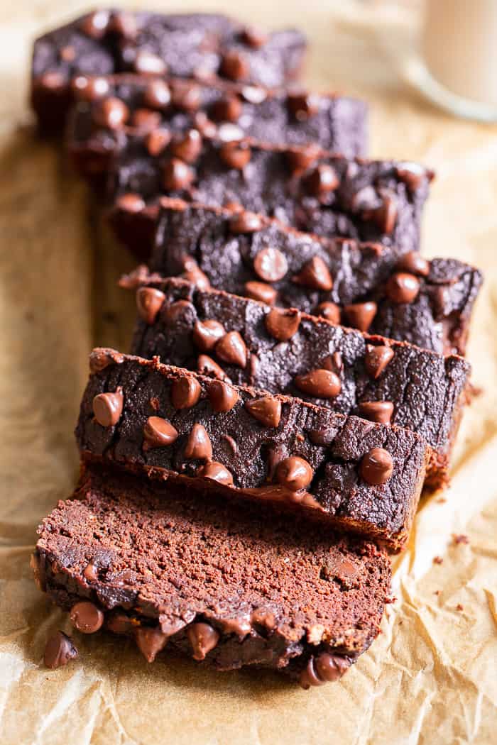 This paleo double chocolate chip pumpkin bread is moist, cake-like, and packs a big flavor punch with lots of dark chocolate flavor AND warm pumpkin pie spices. It’s gluten free, grain free, dairy free, and nut free. 