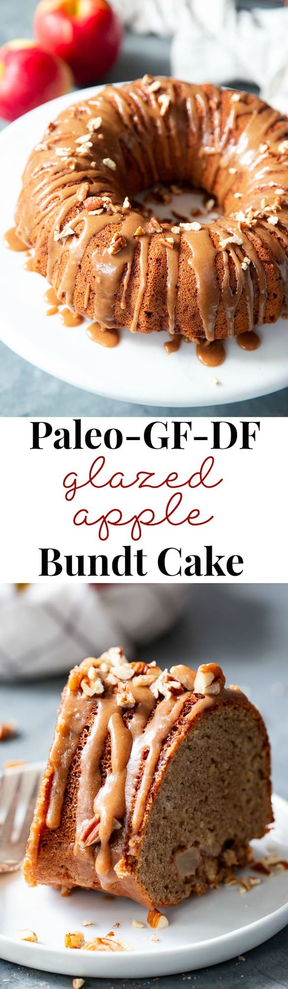 This Glazed Apple Bundt Cake is a healthier spin on a fall baking favorite!  It’s moist and fluffy, packed with warm spices and juicy apples, and topped with a refined sugar free maple glaze that’s irresistible.  It’s gluten-free, grain-free, dairy free, and paleo.