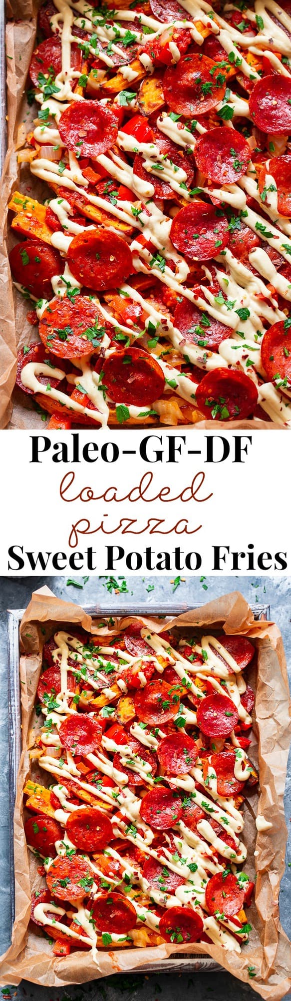 These loaded sweet potato fries have all the toppings to make you feel like you’re eating a pepperoni pizza!  An easy dairy free cheese sauce, marinara, peppers and onions, and zesty pepperoni make this a fun meal that’s just as healthy as it is delicious!  Paleo, gluten-free, dairy-free, family friendly.