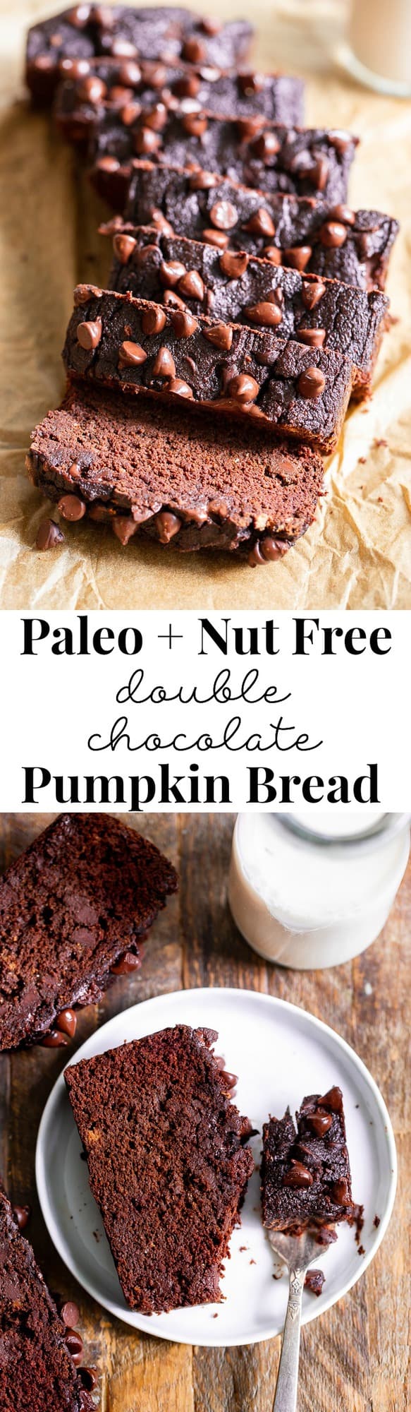 This paleo double chocolate chip pumpkin bread is moist, cake-like, and packs a big flavor punch with lots of dark chocolate flavor AND warm pumpkin pie spices. It’s gluten free, grain free, dairy free, and nut free. 