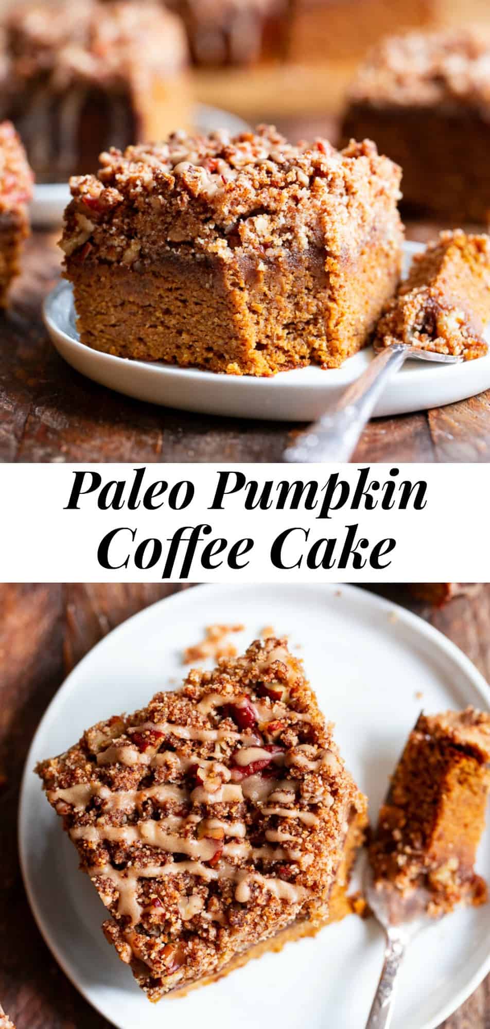 This Paleo Pumpkin Coffee Cake has it all!  Moist cake with sweet fall spices topped with an addicting crumb topping and maple icing!  Fancy enough to serve to brunch guests but so delicious that you’ll want to have some to snack on all season long! #paleo #cleaneating #pumpkin #paleobaking #glutenfree