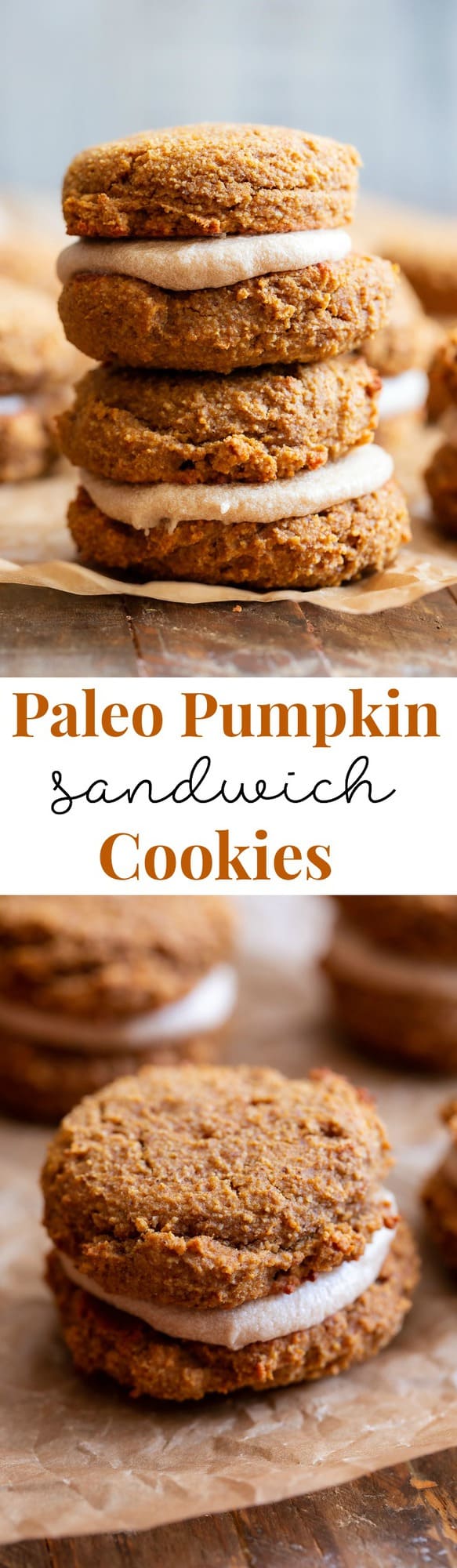 These soft pumpkin cookies are sweet and packed with warm spices and a sweet maple cream filling.  You can make them as sandwich cookies or simply spread them with the icing - it’s pumpkin spice heaven either way!  They're gluten free, dairy-free, refined-sugar free and paleo.