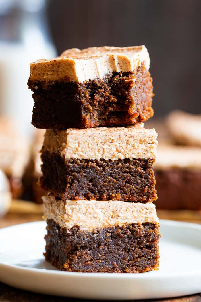 These Paleo Pumpkin Spice Latte Blondies are a fun spin on your favorite hot fall beverage!  Soft fudgy pumpkin blondies flavored with lots of pumpkin pie spices and espresso are topped with a creamy frosting for the ultimate fall themed paleo blondies! 
