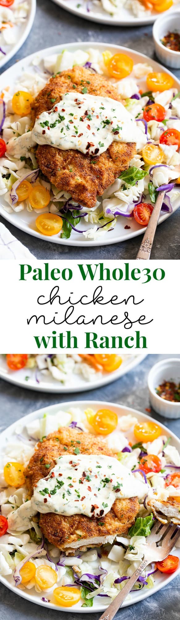 This savory crisp Paleo Chicken Milanese topped with zesty homemade ranch sauce is a quick and easy dinner you’ll want on repeat!  Serve over a salad, spaghetti squash, roasted veggies, or anything you like.  It’s Whole30, Keto friendly, gluten free and dairy free.